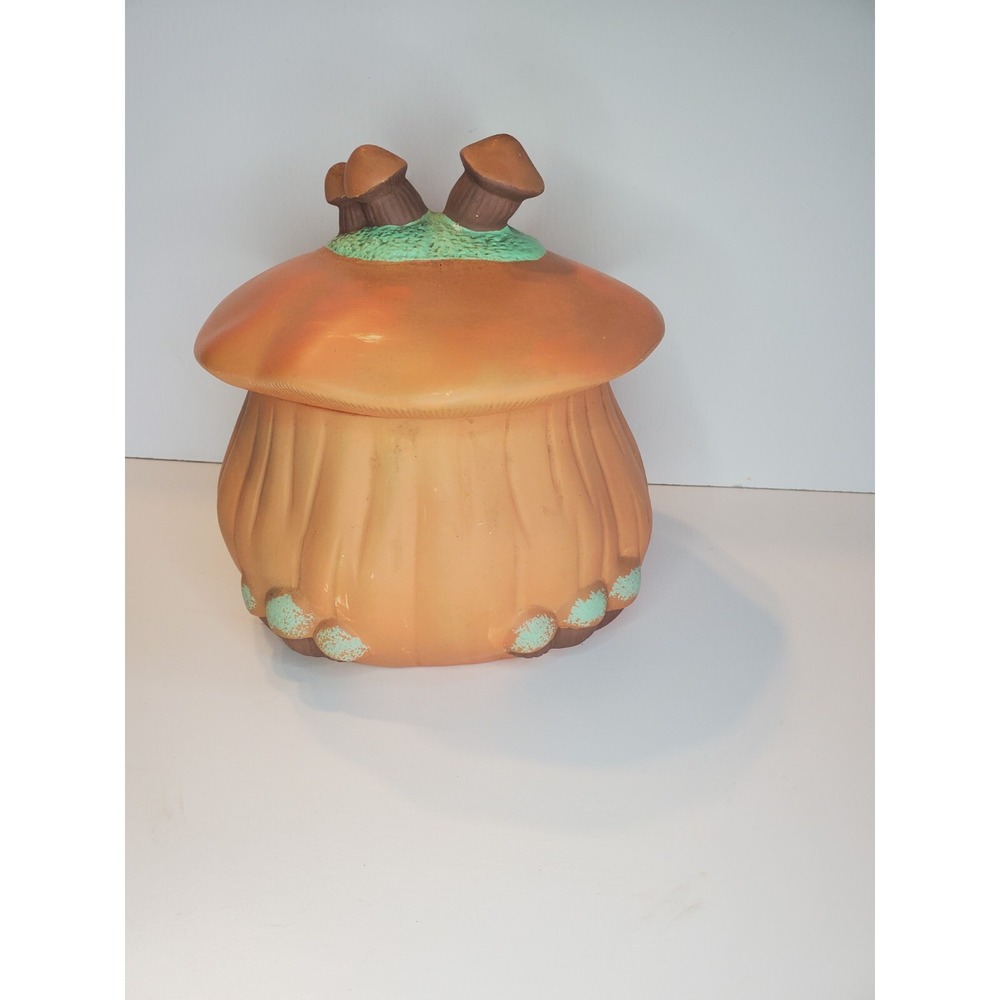 🍄Vintage‎ Mushroom Cookie Jar Orange- 3 on lid mushrooms for lid handle 9" tall